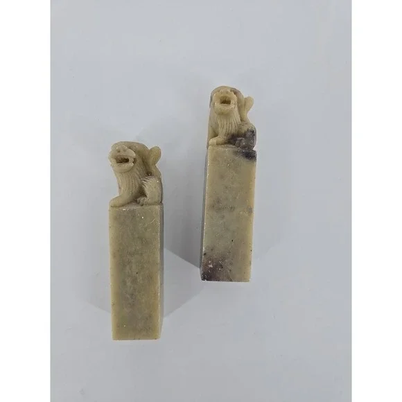 Vtg 1960s Pair of Chinese Soapstone Foo Dog Hand Carved Chop Seal 4in Statues